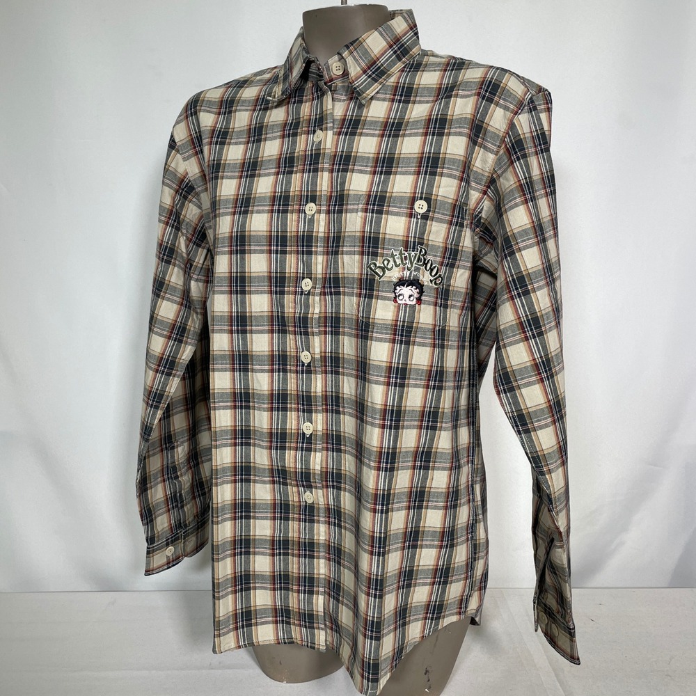 VTG Betty Boop Plaid Tan Long Sleeve Chest Pocket Button Up Shirt Women's MEDIUM